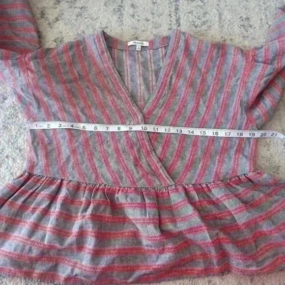 Madewell Womens Gray and Red Striped Bubble-Sleeve Peplum Top M - Picture 15 of 16